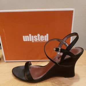 Unlisted by Kenneth Cole black satin wedge heel